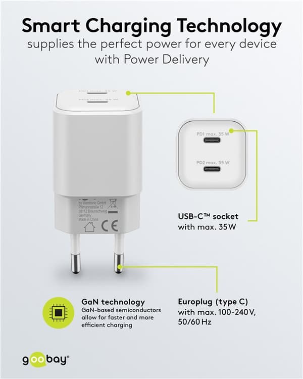 USB-C™ PD GaN dobbel hurtiglader Nano (35 W) hvit