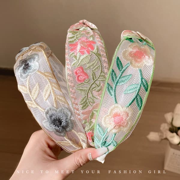 Brodert hodebånd med blomster, bredt hodebånd Grey