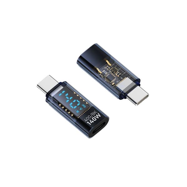 140W USB-C Hun til USB-C Han Adapter med Digital Display - Transparent Blå, Lige Design (2 stk)