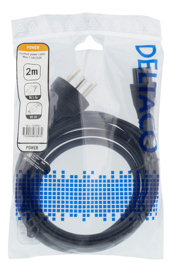 Power cable, 2m, DK 2-5a to IEC C5, 2.4A, earthed, black
