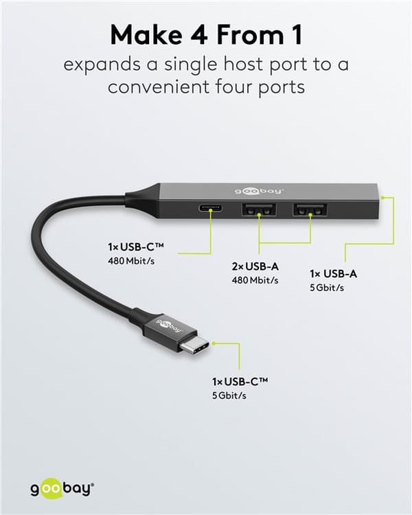 Slank USB-hub med 4 porter, USB-C™ til USB-C™/USB-A, 5 Gbit/s