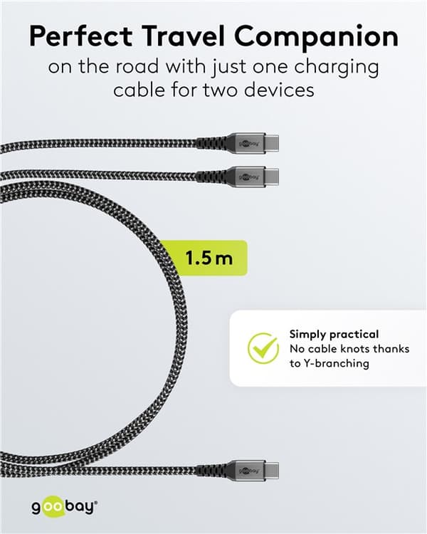 USB-C™ tekstilkabel, 60 W, Power Delivery, 1,5 m, sort;grå