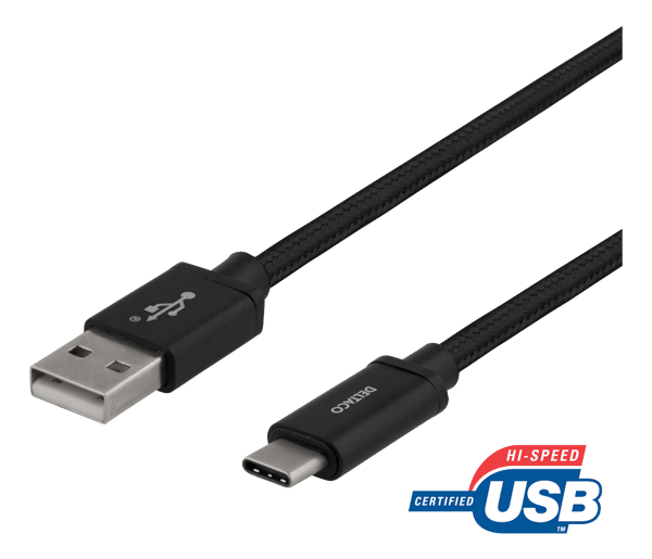 USB-A - USB-C-kaapeli, 1m, USB 2.0, punottu, musta