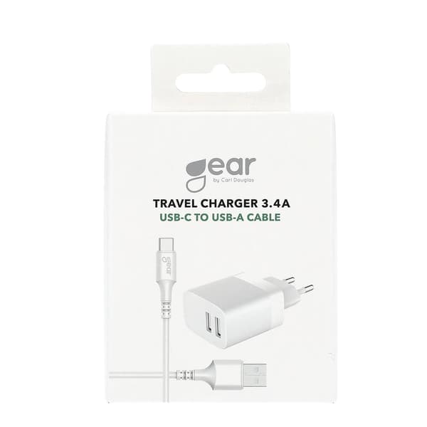 Lader 220V 2xUSB-A 3.4A Hvit USB-C 2.0 kabel 1m