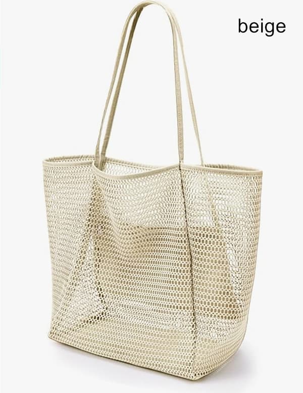 Sammenleggbar strandveske, nettingpose for kvinner Beige