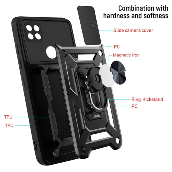 Magnetiskt armor kickstand-mobilskal med ring Black Redmi 9C/POCO C3/10A