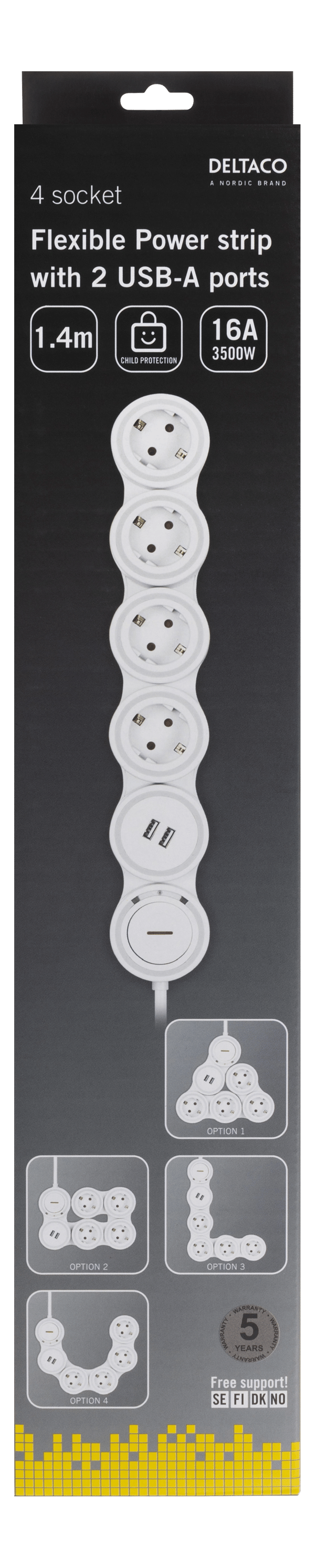 Flexible 4-Socket Power strip, 1.4m, 16A 3500W, 2x USB-A, wh