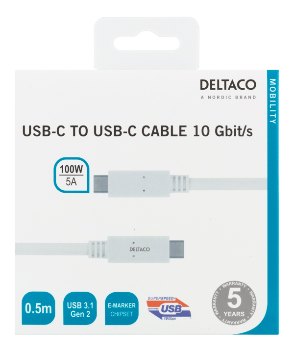 USBC>USBC cable 0.5m 10Gbps 100W 5A USB3.1 Gen2 EMarket whi