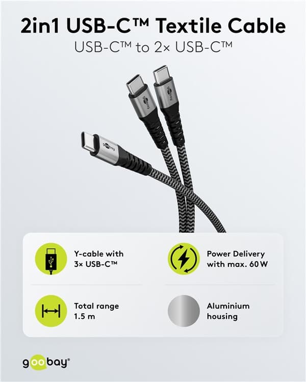USB-C™ tekstilkabel, 60 W, Power Delivery, 1,5 m, svart;grå