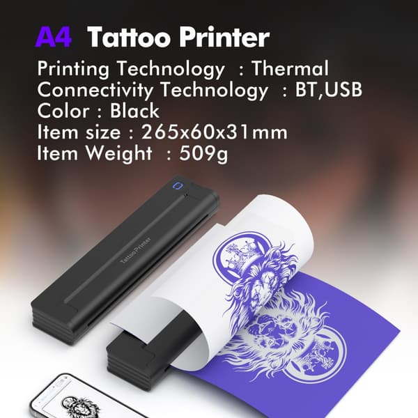 A46 tatoveringsskabelonprinter - Bluetooth bærbar termisk printer, sort, kompatibel med Android, iOS og Windows, understøtter 210mm/216mm papir