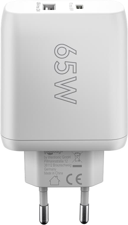 USB-C™ PD GaN dobbel hurtiglader (65 W) hvit