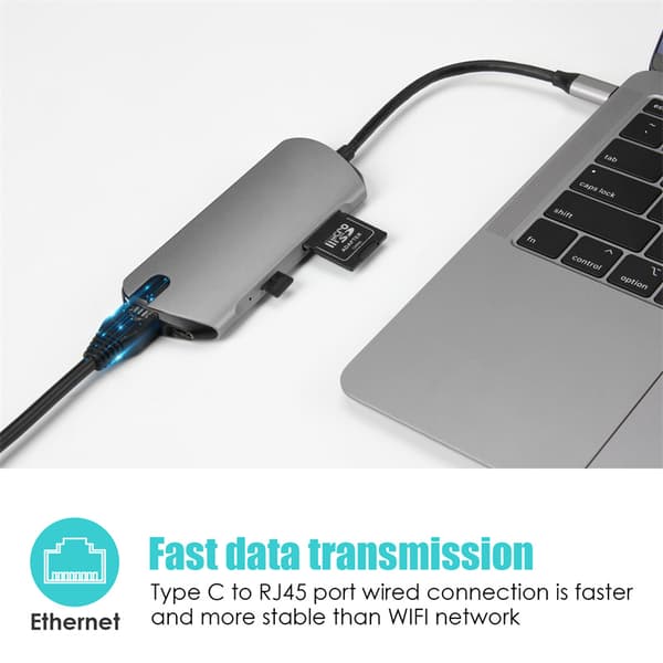 USB C-hub med åtte ulike uttak