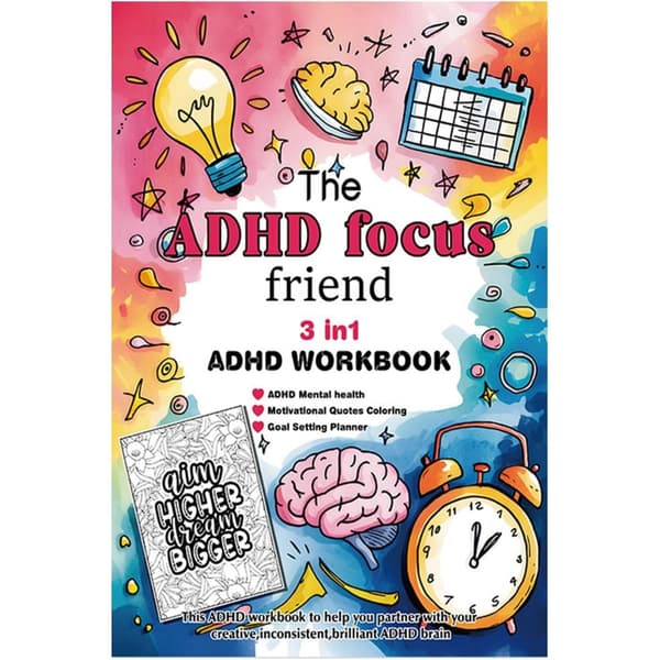 3-i-1 ADHD Focus Friend Workbook: Voksen Terapi, Stresshåndtering og Målsætningsplanlægger