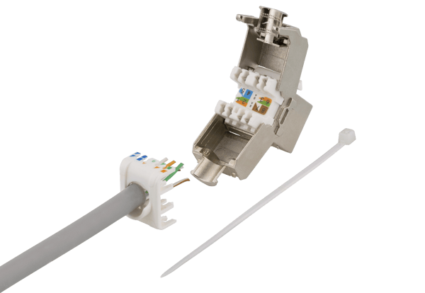 Cat6A shielded Keystone jack, toolless clamp termination