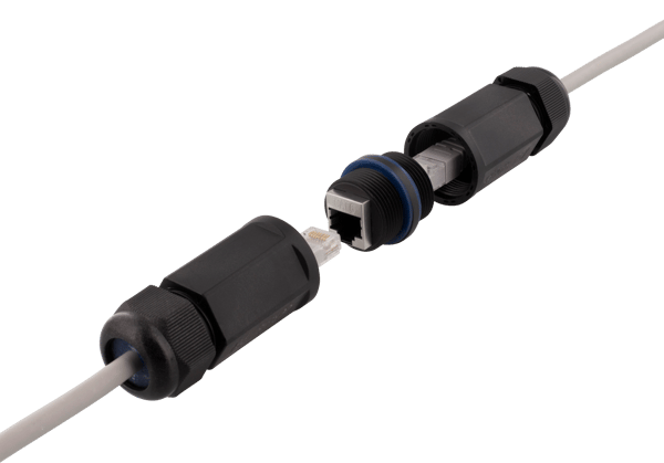 Waterproof coupler 2x Cat6 RJ45 jacks shielded IP67 black