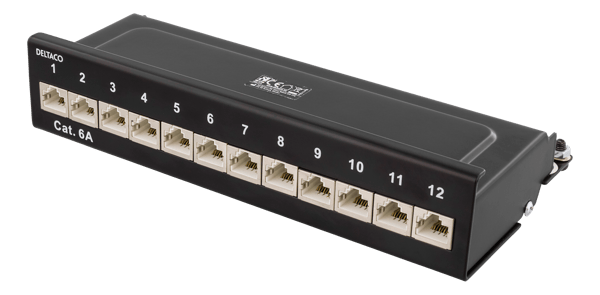 Patch Panel, 12xRJ45, Cat6a, wall-mountable, metal, black
