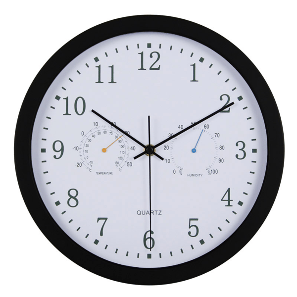 Tyst väggklocka med termometer och hygrometer, 30 cm diameter Black