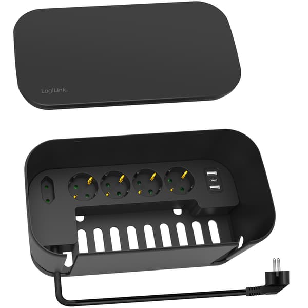 Kabelboks - Kabelskjuler med grenuttak + USB-A/USB-C lading Sort