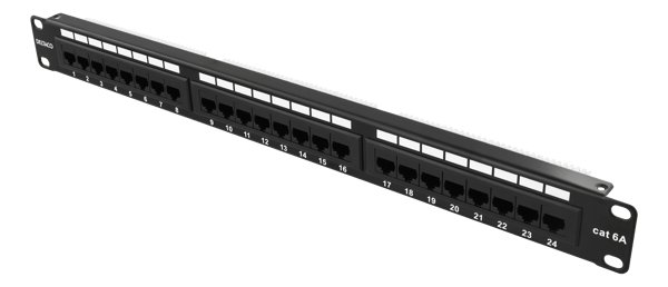 19" patch panel, 24xRJ45, Cat6a, UTP, 10Gbps, black