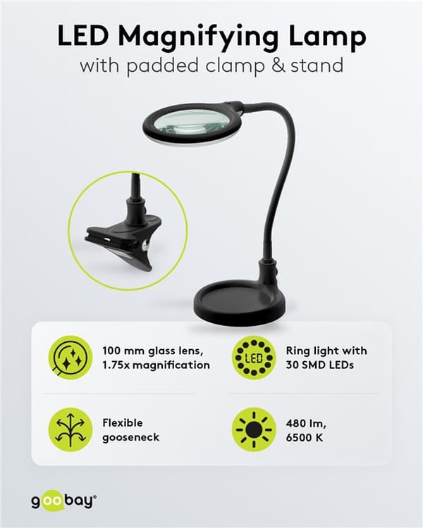 LED forstørrelseslampe med stativ/klemme, 6 W, sort