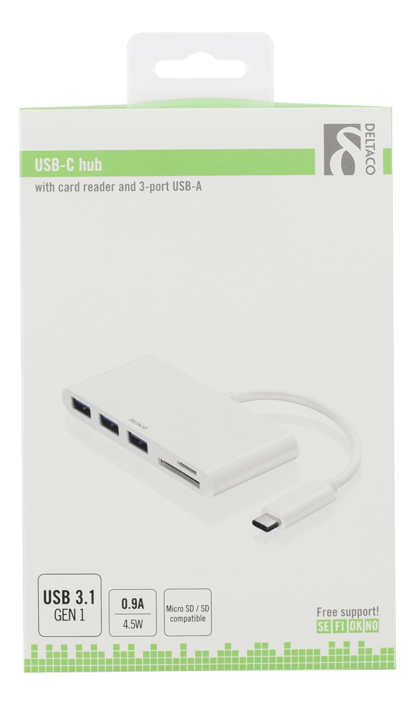 USB-C hub, USB-C 5 Gbps, 3x USB-A, SD/microSD reader, white