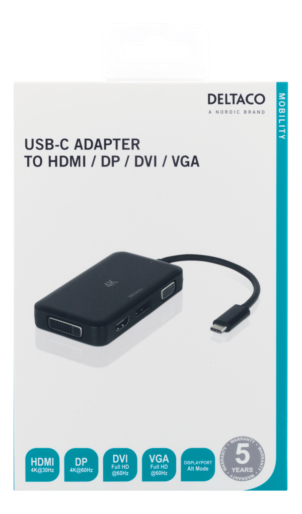 USB-C to HDMI/DP/DVI/VGA adapter, 4K, DP Alt Mode, black