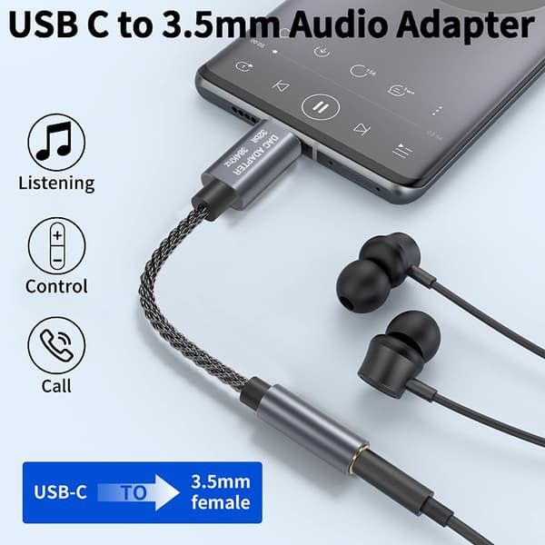 32-bit / 384 kHz USB-C til 3,5 mm lydadapterkabel DAC-adapter Grey