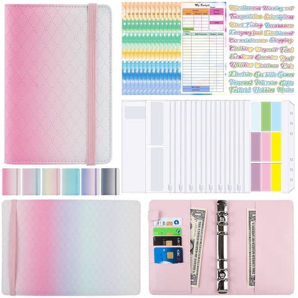 A6 PU-læderringbind budgetplanlægger - Gradient pink lilla grøn