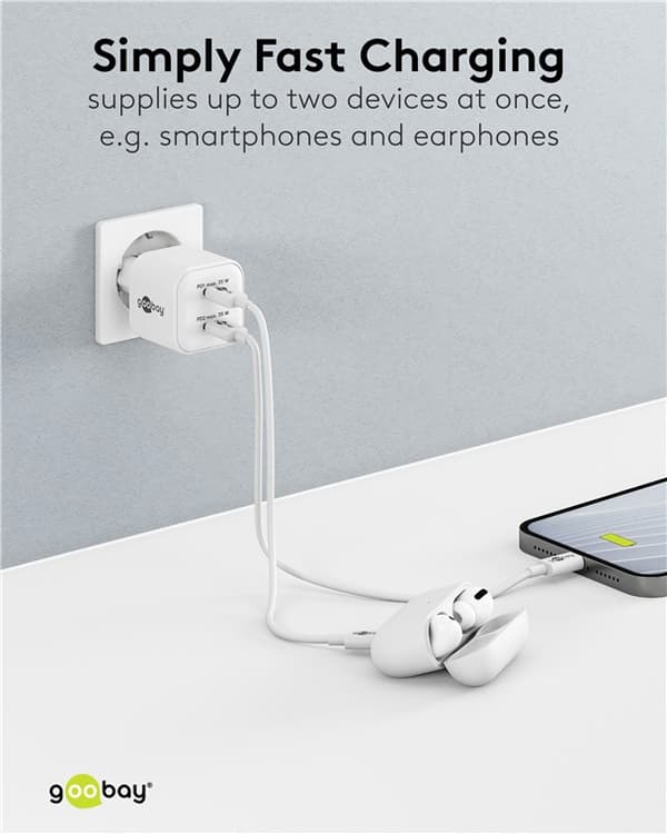 USB-C™ PD GaN dobbel hurtiglader Nano (35 W) hvit