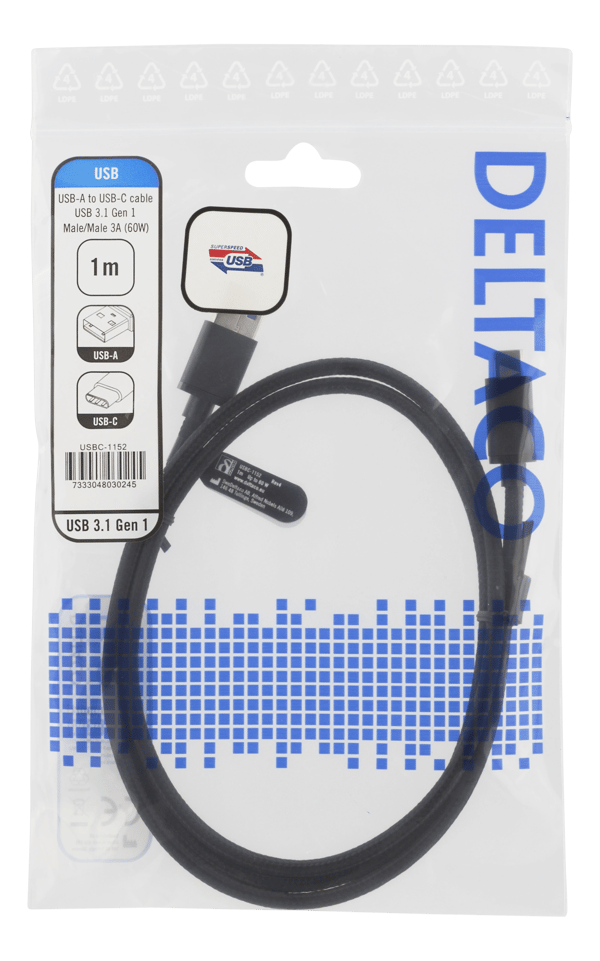 USB 3.1 Gen1 braided USB-A - USB-C cable, 1m, 3A 60W, black