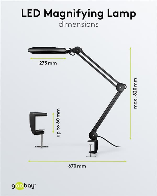 LED forstørrelseslampe med klemme, 8 W, sort