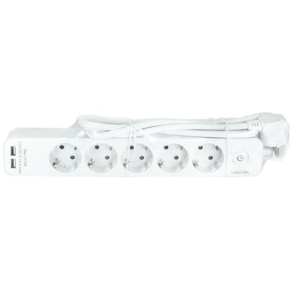 Strømskinne 5-vejs + 2 USB med afbryder 1,5m Hvid