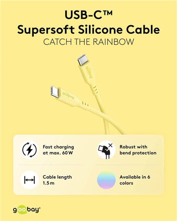 USB-C™-silikonikaapeli, 1,5 m, keltainen