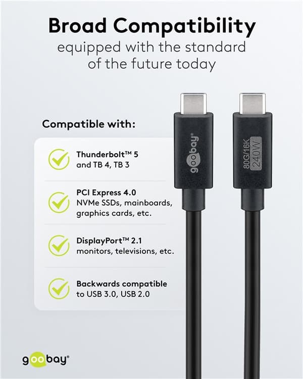 Certifierad USB-C™-kabel, USB4™ version 2.0, 1,2 m, svart