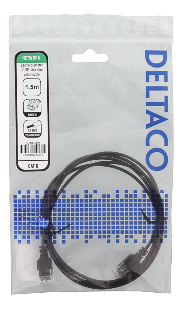 U/UTP Cat6 patch cable slim, 2.6 mm⌀, 1.5m, 500MHz, black