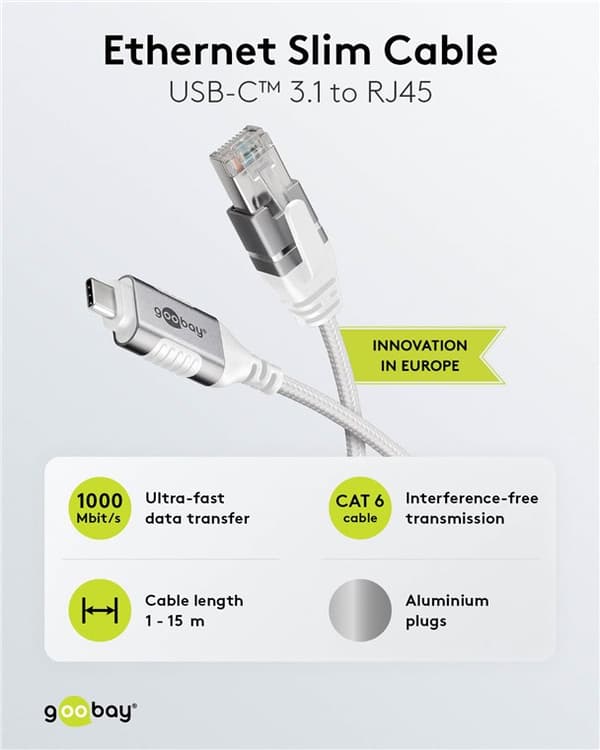 Ethernet-kabel USB-C™ 3.1 til RJ45, Slim, 3 m