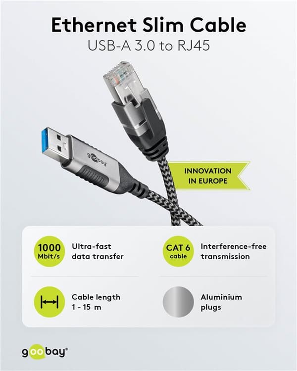 Ethernet-kabel USB-A 3.0 til RJ45, Slim, 7,5 m