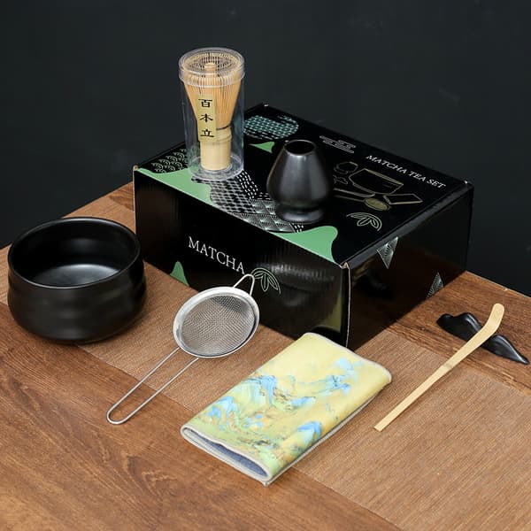 Elegant Black Matcha Whisk Set - 7 Piece Ceramic & Bamboo