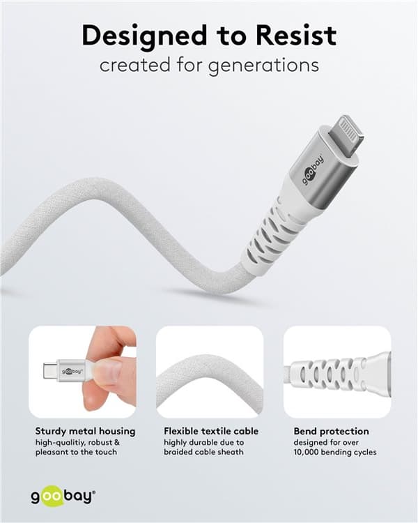 Lightning-USB-C™ supersoft textilkabel med metallkontakter, 1 m, vit