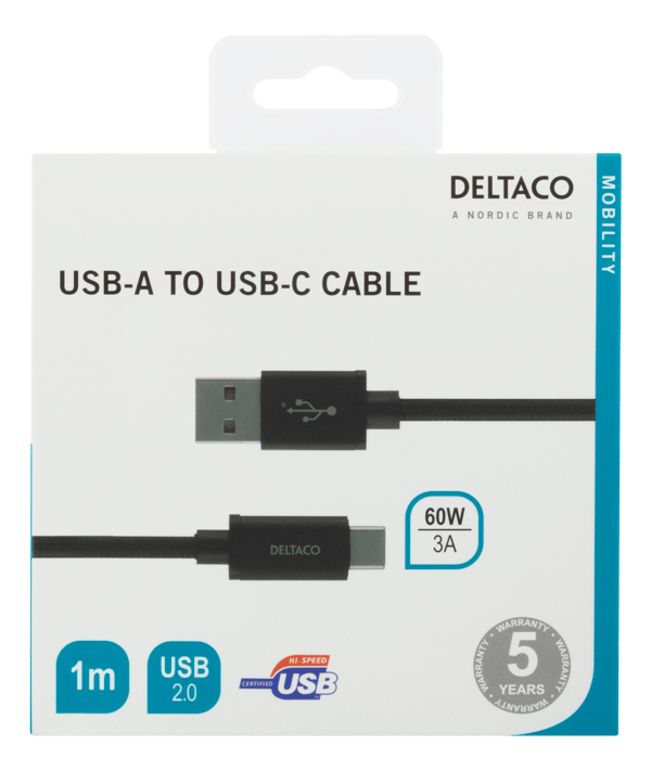 USB-A - USB-C-kaapeli, 1m, USB 2.0, punottu, musta