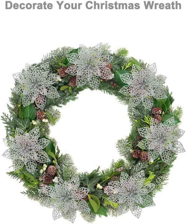 Glitter juleblomster plast sølv 10 deler