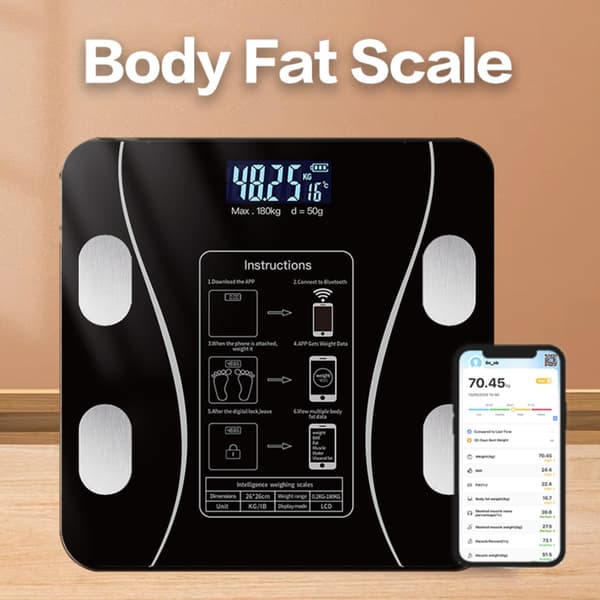 Smart Body Scale Compatible with Type-C Charging, Bluetooth 4.0+, LCD Backlight, 0.2-180kg Range Black
