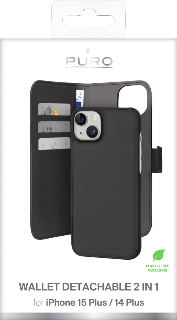 iPhone 15 Plus eco-leather detachable wallet case, black