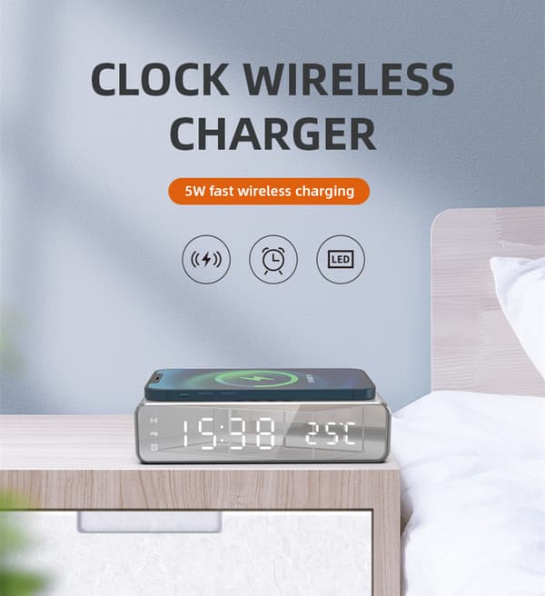 Digital LED väckarklocka med trådlös laddare/termometer Silver