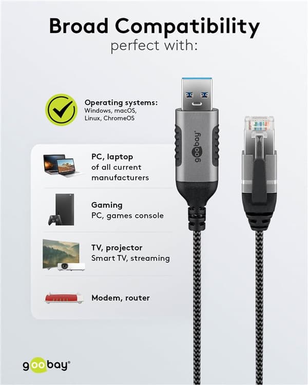 Ethernet-kabel USB-A 3.0 til RJ45, Slim, 7,5 m