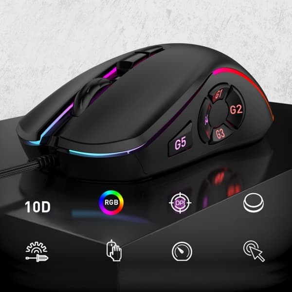 Full Speed 10-Key RGB Wired Gaming Mouse - 12800 DPI, Adjustable Lighting, Ergonomic Design