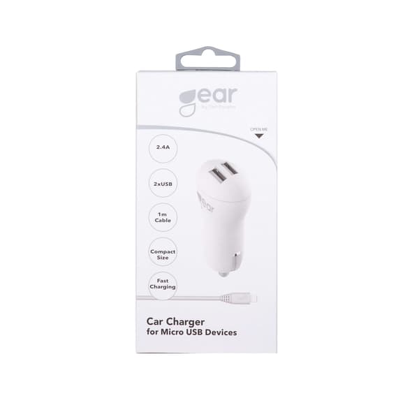 Lader 12-24V 2xUSB 2,4A Hvit MicroUSB Kabel Rund 1m
