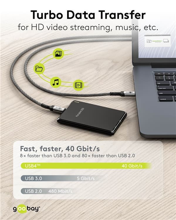 USB-C™-kaapeli, USB4™, 1 m, musta;hopea