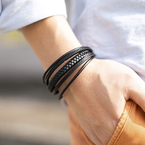 Flettet læderarmbånd til mænd Black