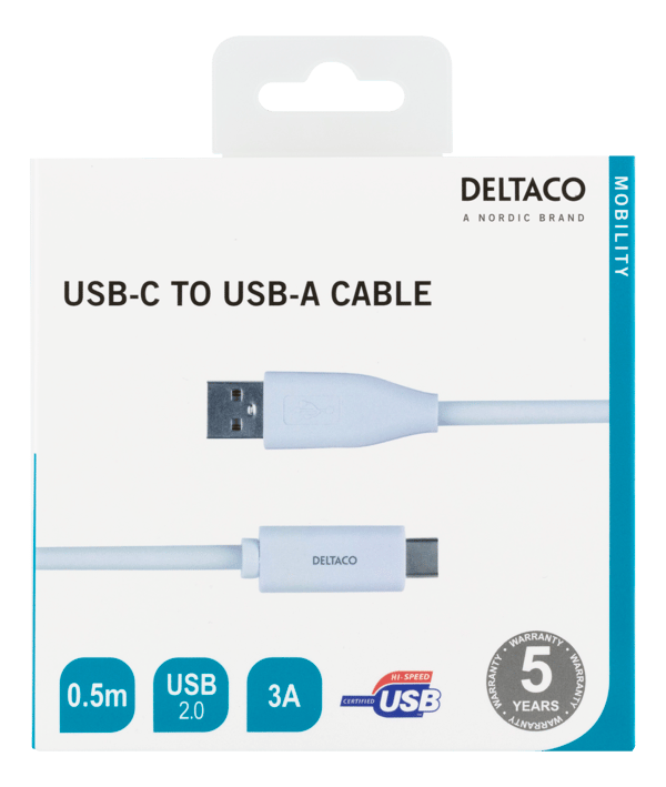 USB-C - USB-A-kaapeli, 0,5m, 3A, USB 2.0, valkoinen